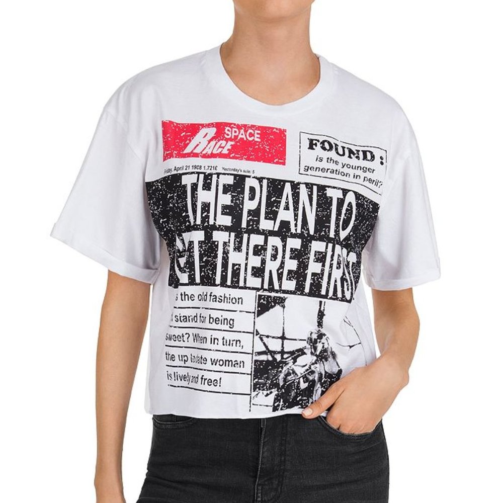 the kooples The Plan To Get There First Newspaper-inspired Graphic Tee In White